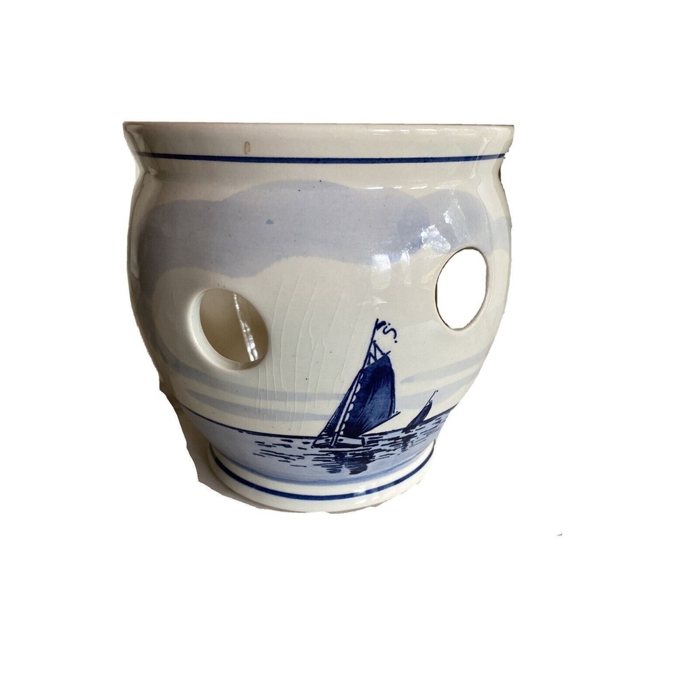 Delfts Holland Handpainted Ceramic Planter h Sailboat Design & Ventilation Holes